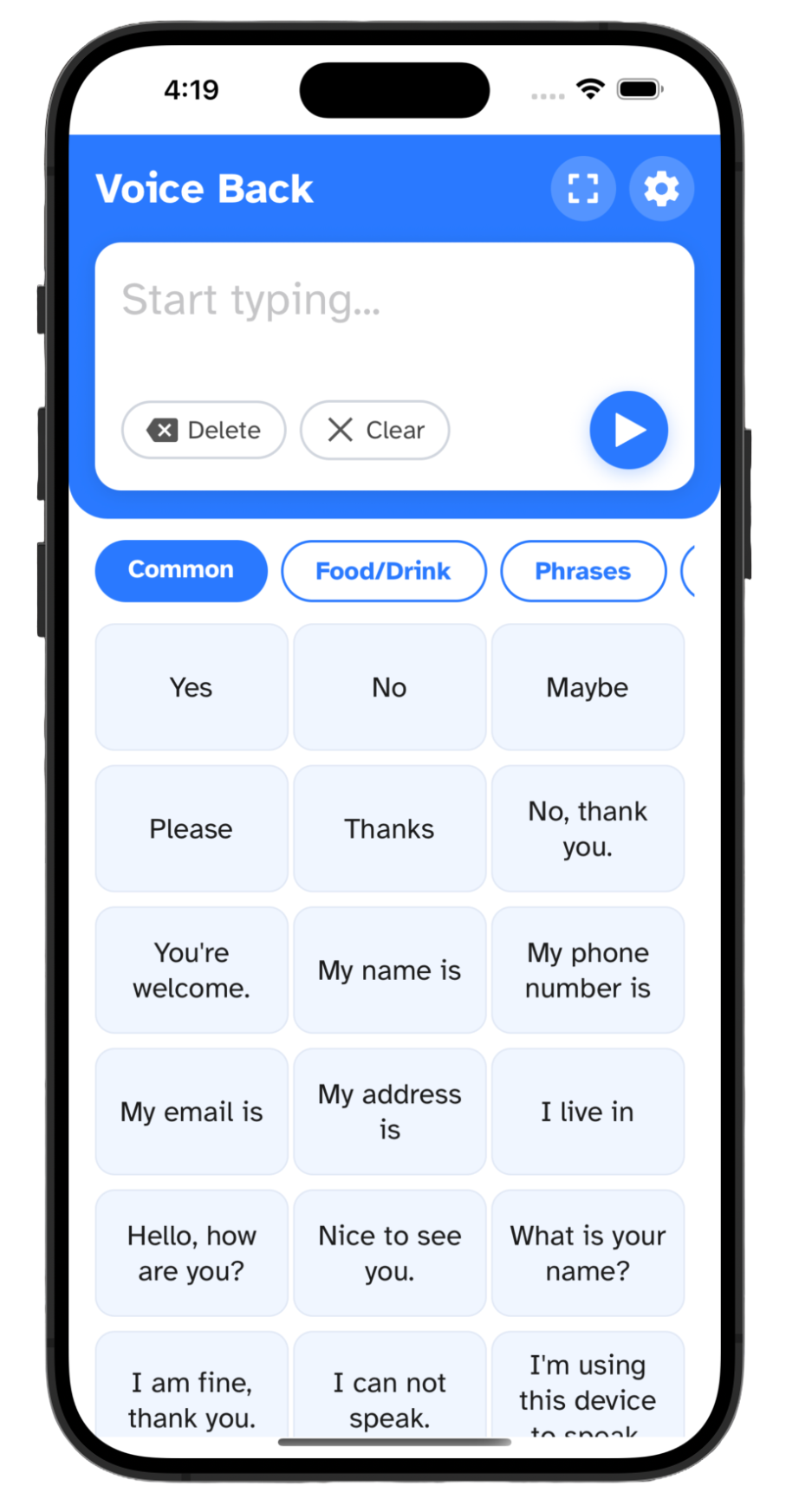 Voice Back app showing the speech board with categorized phrase tiles